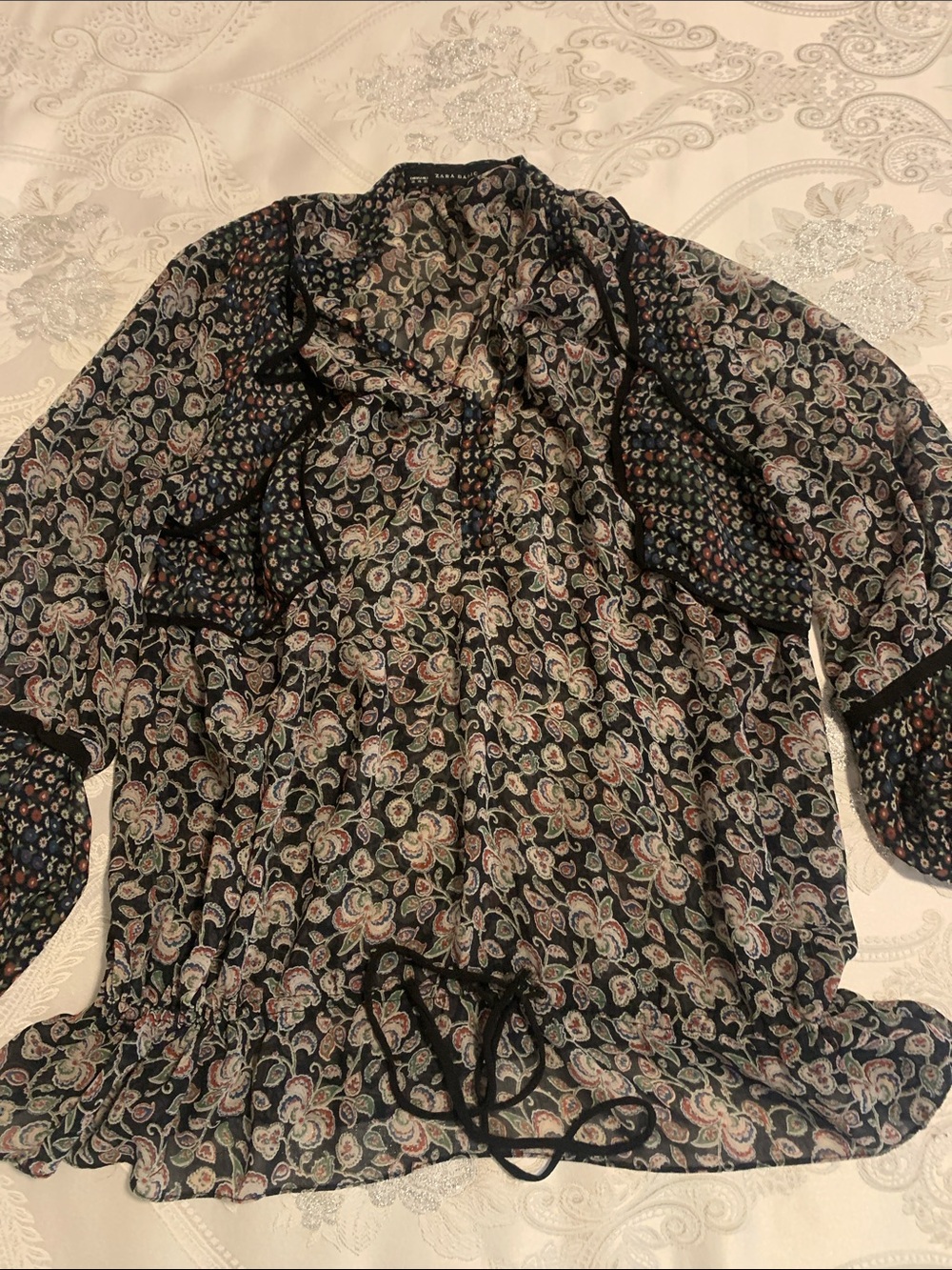 Zara Black Paisley Ruffle Tie-Waist Blouse